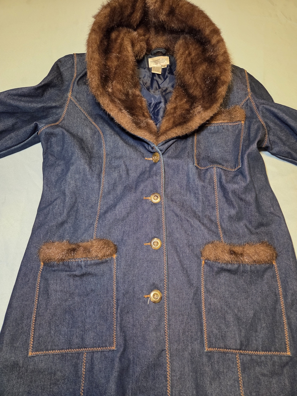 Newport News Denim Coat Womens 16 Faux Fur Trim Collar Y2K Blue Button Jacket